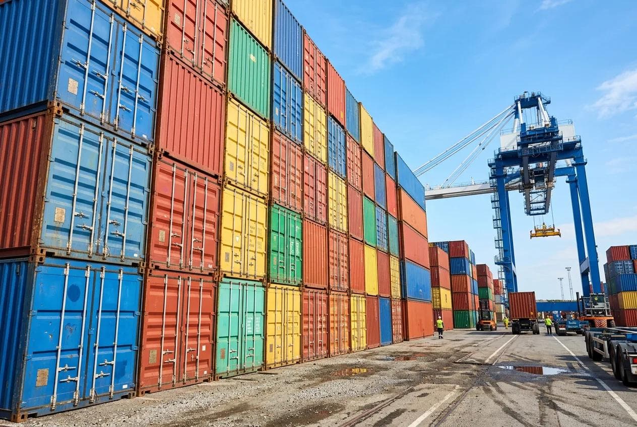 Stacks of colourful shipping containers with a gantry crane at a port terminal on a clear day