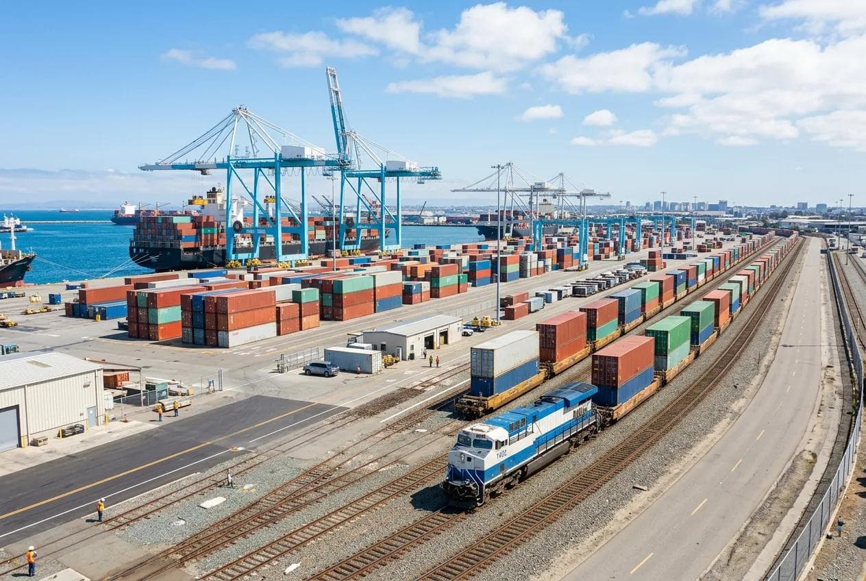A rail container terminal with a freight train, gantry cranes and a cargo ship in the background
